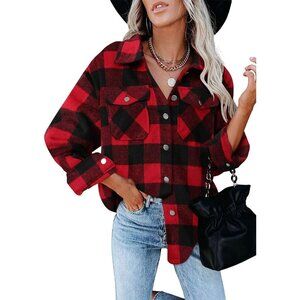 Women Plaid Red Collared V Neck Button Down Oversized Long Sleeve Shirt Top
